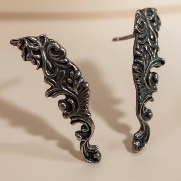 Vintage 925 Sterling Silver Climber Earrings Baroque Style Dangle Earrings - Picture 5 of 8